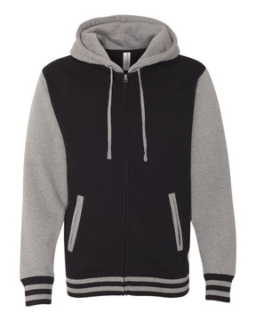 Independent Trading Co. Unisex Heavyweight Varsity Full-Zip Hooded Sweatshirt. IND45UVZ - Black/ Gunmetal Heather