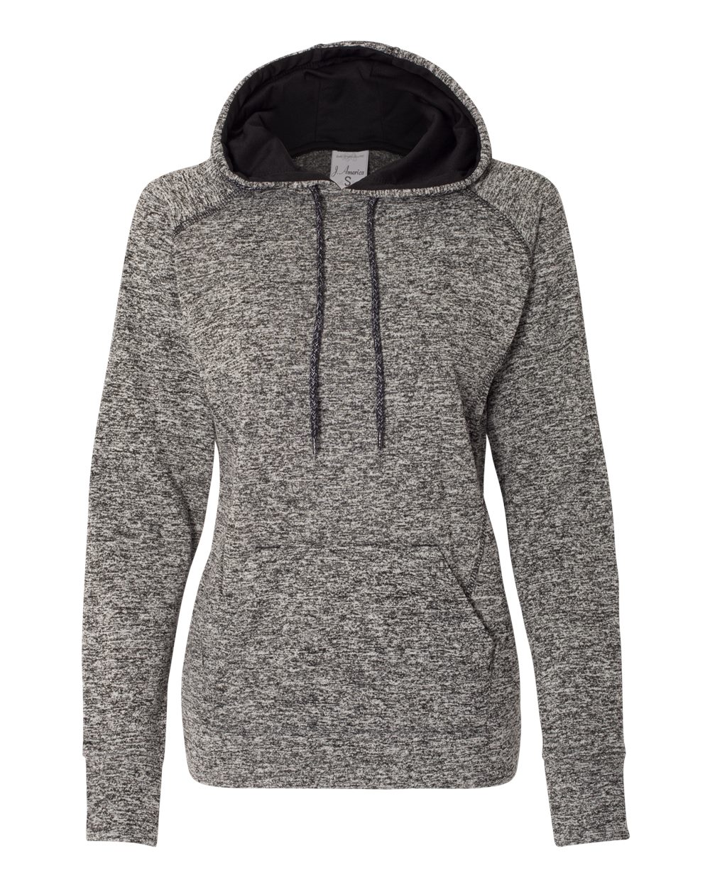 J. America Women’s Cosmic Fleece Hooded Sweatshirt. 8616 - Charcoal Fleck/ Black