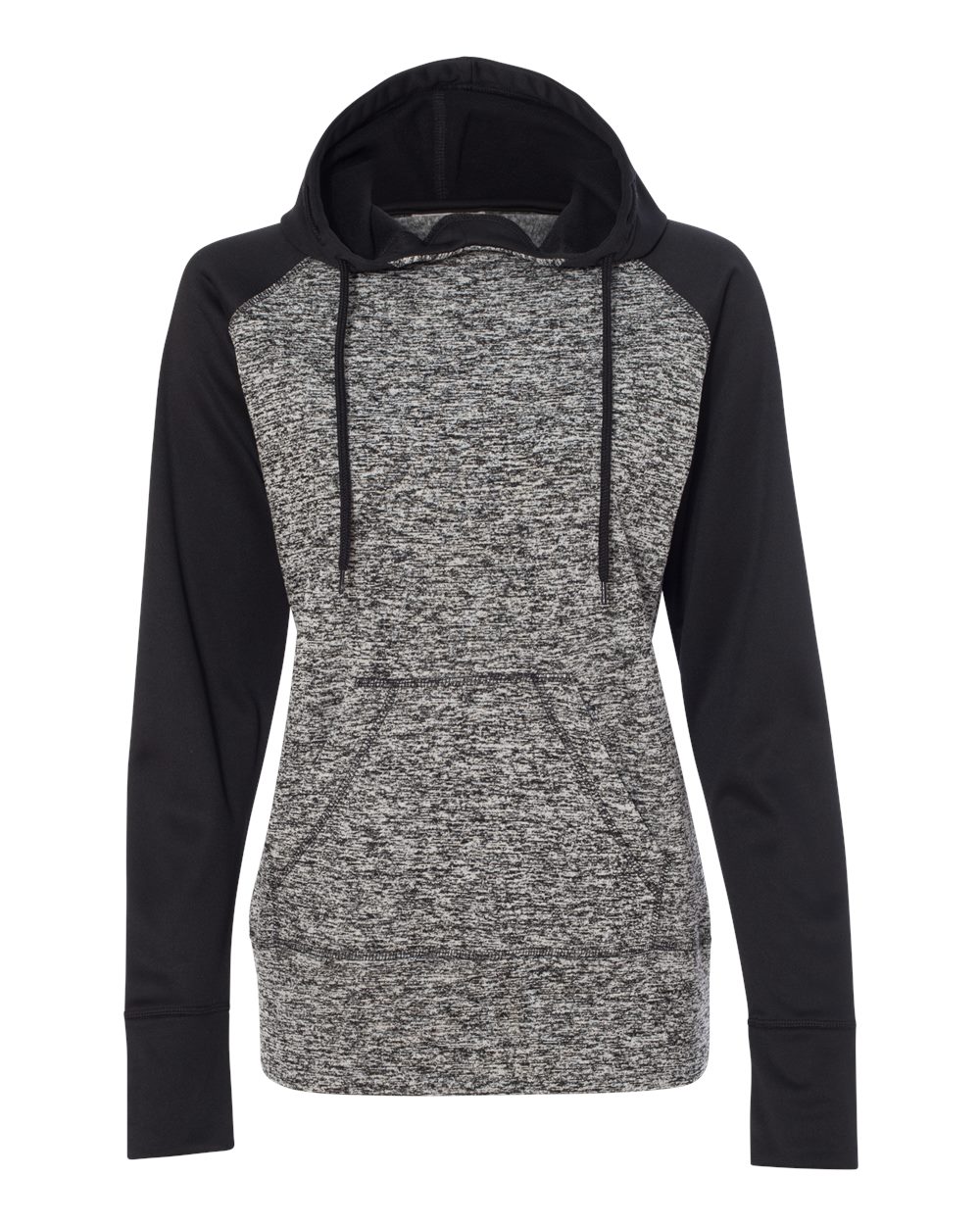 J. America Women’s Colorblocked Cosmic Fleece Hooded Sweatshirt. 8618 - Charcoal Fleck/ Black