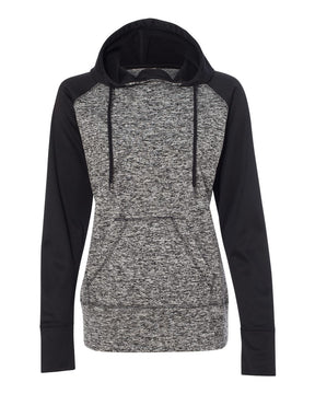 J. America Women’s Colorblocked Cosmic Fleece Hooded Sweatshirt. 8618 - Charcoal Fleck/ Black