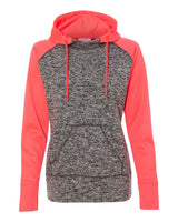 J. America Women’s Colorblocked Cosmic Fleece Hooded Sweatshirt. 8618 - Charcoal Fleck/ Fire Coral