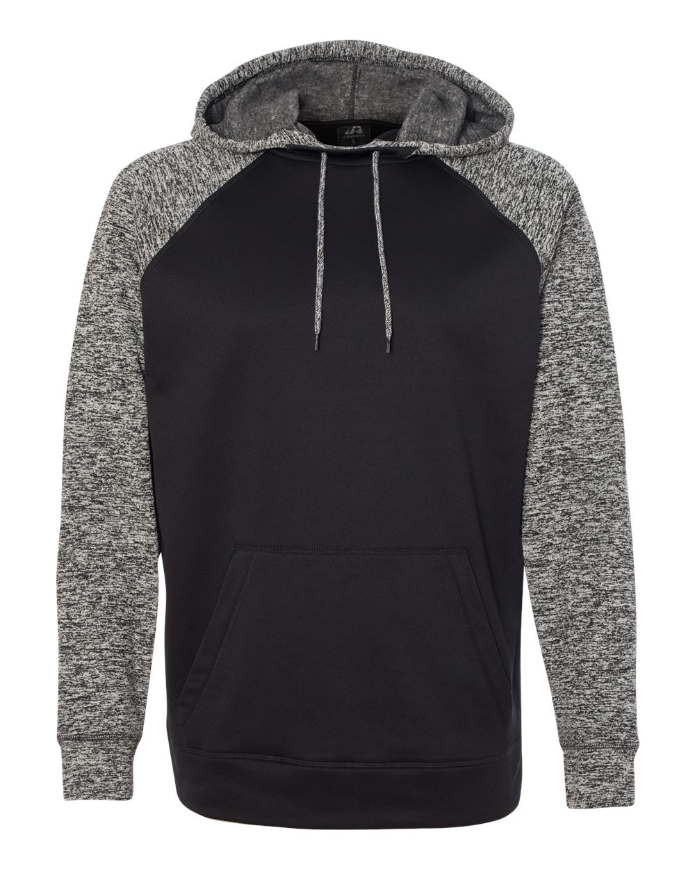 J. America Men's Colorblocked Cosmic Fleece Hooded Sweatshirt. 8612 - Black/ Charcoal Fleck
