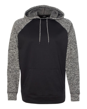 J. America Men's Colorblocked Cosmic Fleece Hooded Sweatshirt. 8612 - Black/ Charcoal Fleck