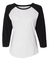 LAT Women's Baseball Fine Jersey Three-Quarter Sleeve Tee. 3530 - White Solid/ Black