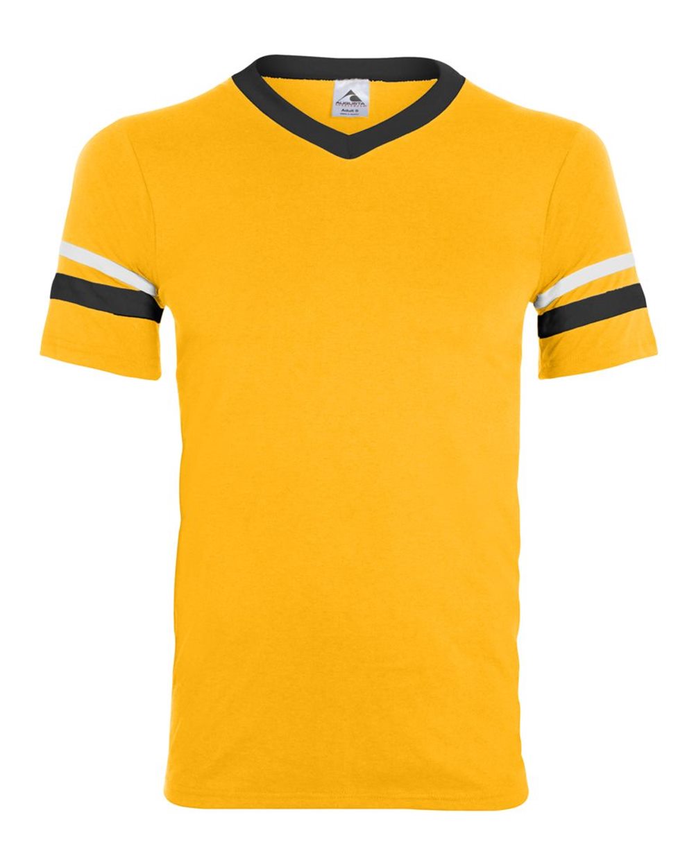 Augusta Sportswear V-Neck Jersey with Striped Sleeves. 360 - Gold/ Black/ White
