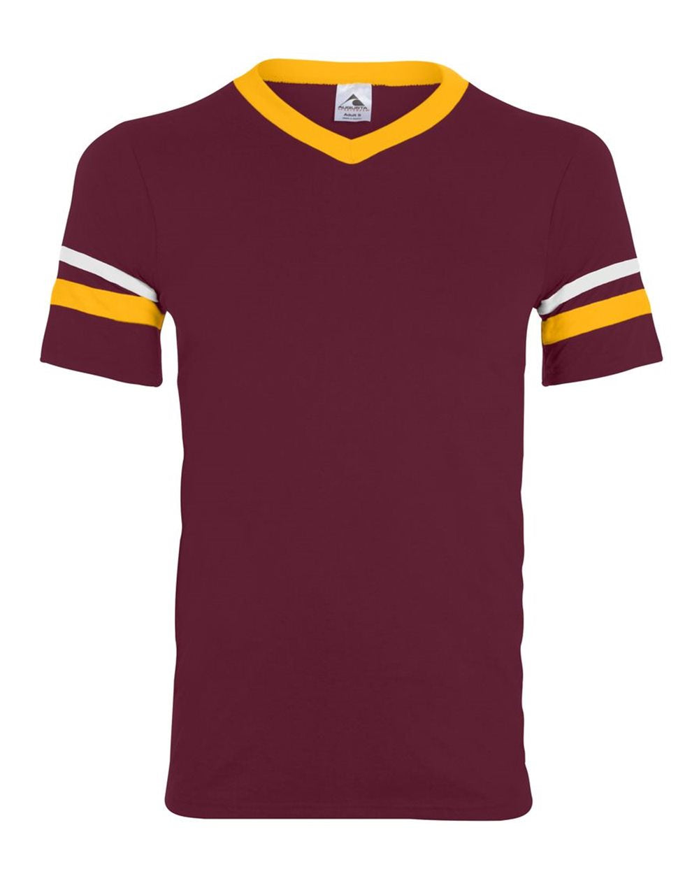 Augusta Sportswear V-Neck Jersey with Striped Sleeves. 360 - Maroon/ Gold/ White