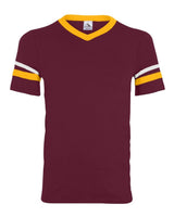 Augusta Sportswear V-Neck Jersey with Striped Sleeves. 360 - Maroon/ Gold/ White