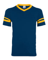 Augusta Sportswear V-Neck Jersey with Striped Sleeves. 360 - Navy/ Gold