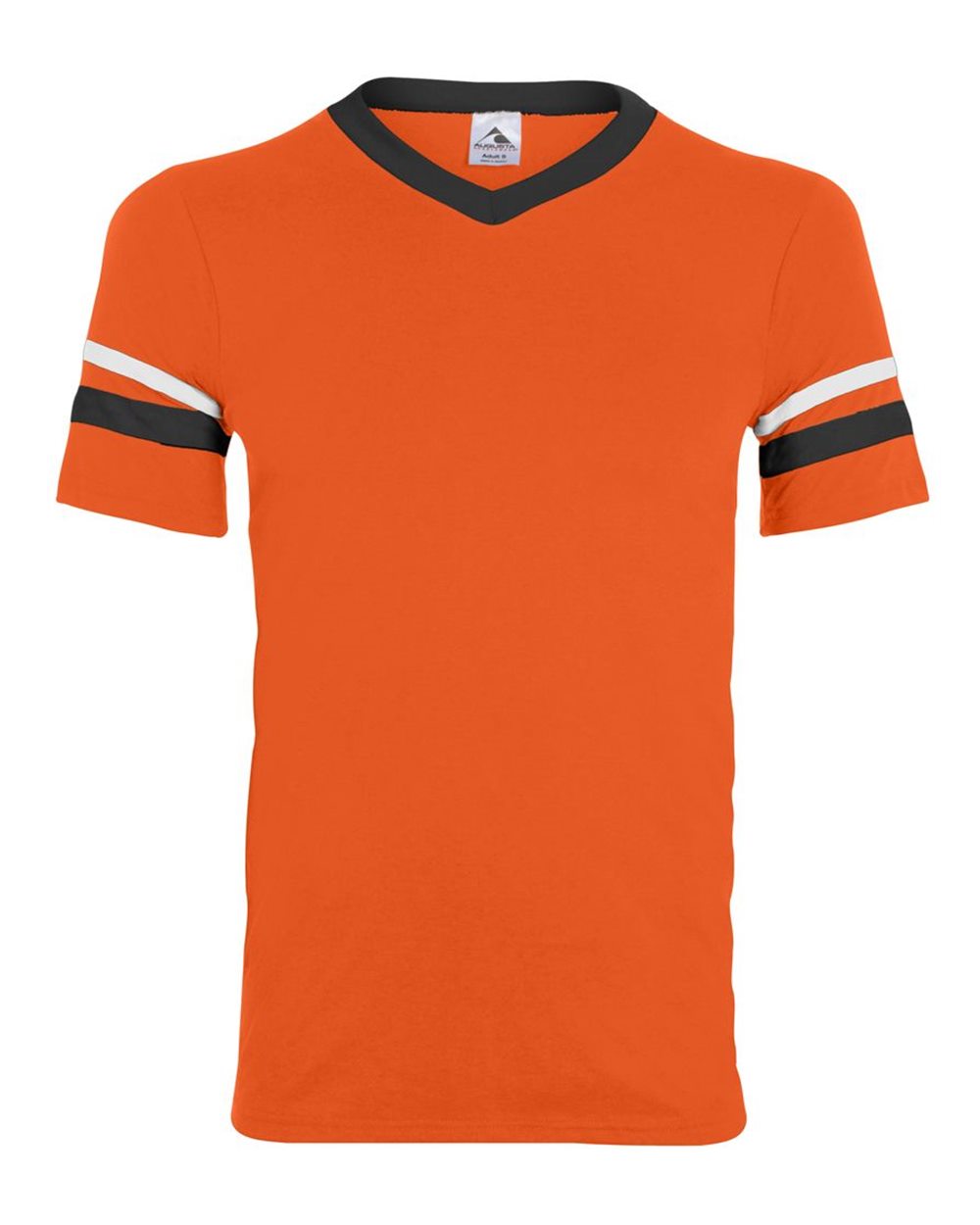 Augusta Sportswear V-Neck Jersey with Striped Sleeves. 360 - Orange/ Black/ White