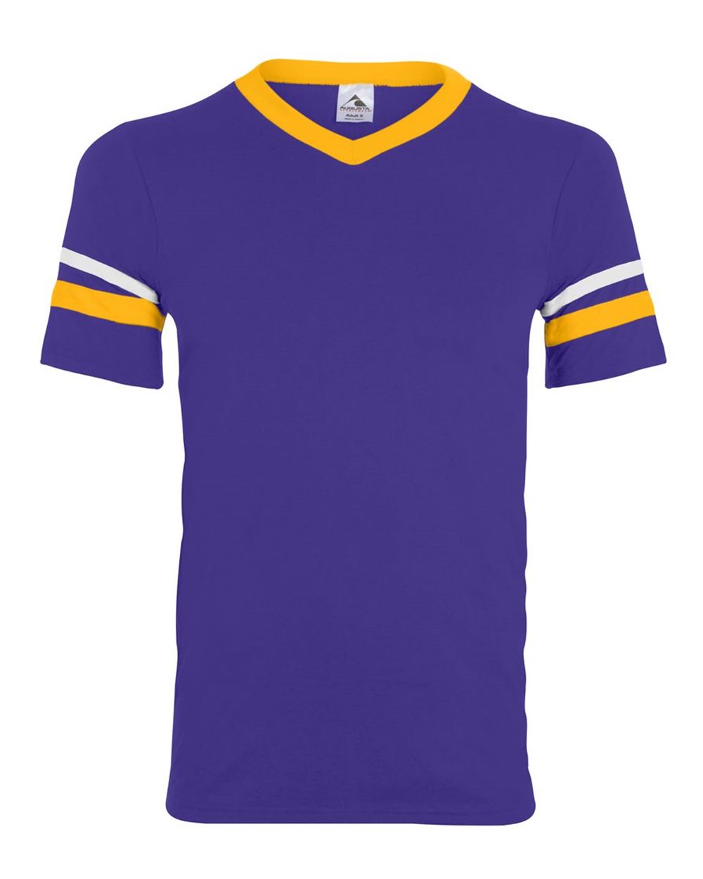 Augusta Sportswear V-Neck Jersey with Striped Sleeves. 360 - Purple/ Gold/ White