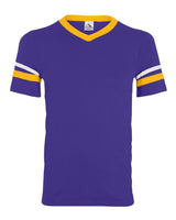 Augusta Sportswear V-Neck Jersey with Striped Sleeves. 360 - Purple/ Gold/ White