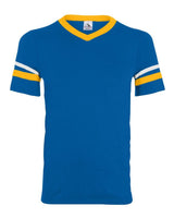 Augusta Sportswear V-Neck Jersey with Striped Sleeves. 360 - Royal/ Gold/ White