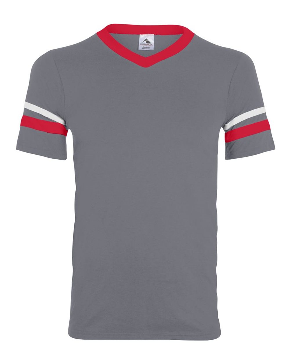Augusta Sportswear Youth V-Neck Jersey with Striped Sleeves. 361 - Graphite/ Red/ White