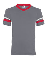 Augusta Sportswear Youth V-Neck Jersey with Striped Sleeves. 361 - Graphite/ Red/ White