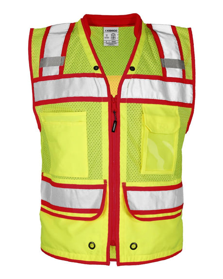 Kishigo Men's Color Contrast High Performance Surveyors Vest. S5042-5046 - Lime/ Red - S5043