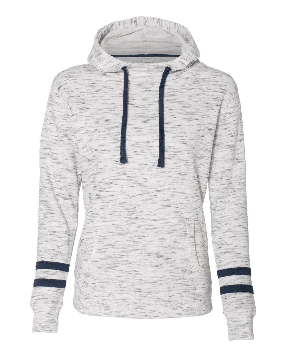 J. America Women’s Mélange Fleece Striped-Sleeve Hooded Sweatshirt. 8674 - White/ Navy
