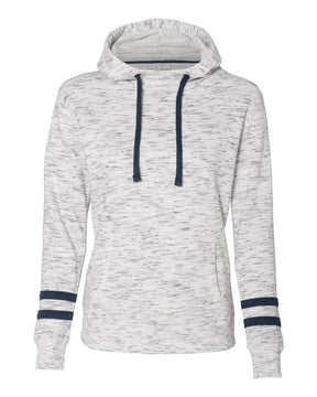 J. America Women’s Mélange Fleece Striped-Sleeve Hooded Sweatshirt. 8674 - White/ Navy