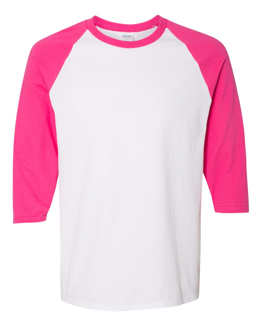 Gildan Unisex Heavy Cotton™ Raglan Three-Quarter Sleeve T-Shirt. 5700 - White/ Heliconia