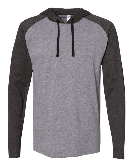 LAT Unisex Fine Jersey Hooded Long Sleeve Raglan Tee. 6917 - Granite Heather/ Vintage Smoke/ Black