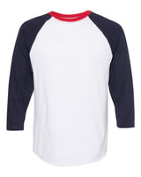 LAT Unisex Baseball Fine Jersey Three-Quarter Sleeve Tee. 6930 - White/ Navy/ Red