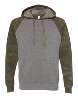 Independent Trading Co. Unisex Special Blend Raglan Hooded Sweatshirt. PRM33SBP - Nickel Heather/ Forest Camo