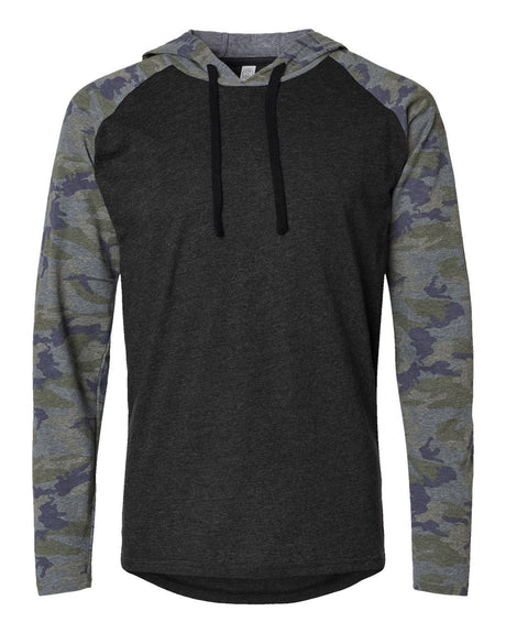 LAT Unisex Fine Jersey Hooded Long Sleeve Raglan Tee. 6917 - Vintage Smoke/ Vintage Camo/ Black