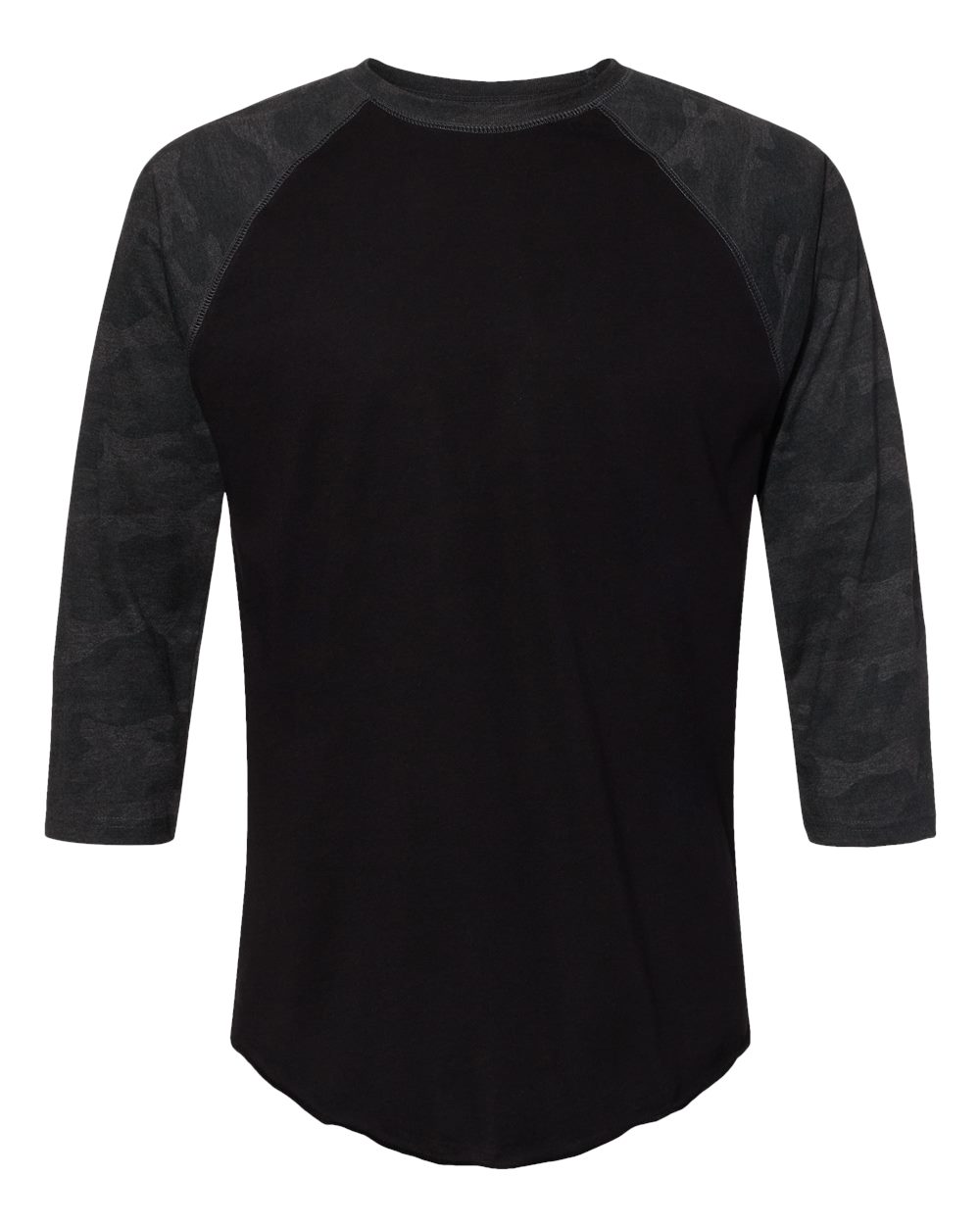 LAT Unisex Baseball Fine Jersey Three-Quarter Sleeve Tee. 6930 - Black/ Storm Camo