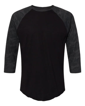 LAT Unisex Baseball Fine Jersey Three-Quarter Sleeve Tee. 6930 - Black/ Storm Camo