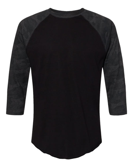 LAT Unisex Baseball Fine Jersey Three-Quarter Sleeve Tee. 6930 - Black/ Storm Camo