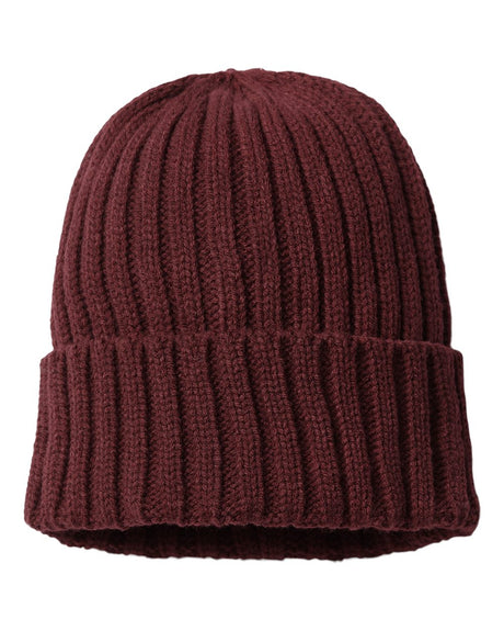 Atlantis Headwear Sustainable Cable Knit Cuffed Beanie. SHORE - Burgundy