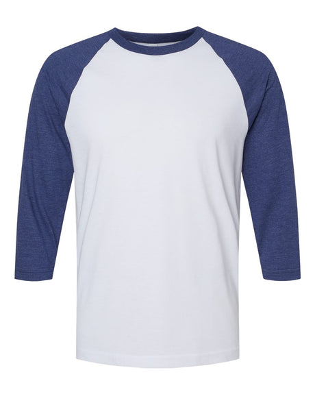 American Apparel Unisex CVC Raglan Tee. 2003CVC - White/ Heather Indigo