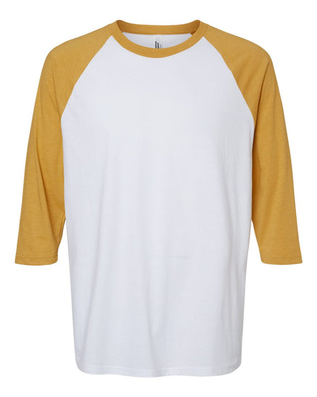 American Apparel Unisex CVC Raglan Tee. 2003CVC - White/ Heather Mustard