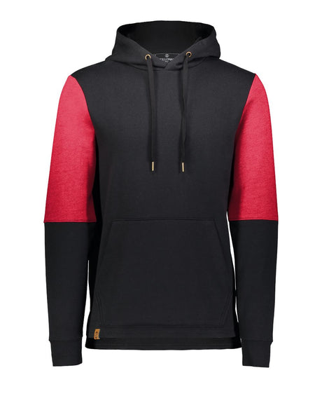 Holloway Men's All-American Team Fleece Colorblocked Hooded Sweatshirt. 222581 - Black/ Scarlet Heather