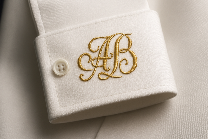 A tailored dress shirt cuff with an elegant, embroidered monogram in fine gold thread. The monogram’s intricate lettering is flawlessly executed, with smooth curves and precise spacing, giving a sophisticated and polished appearance suitable for formal settings.