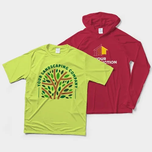 Green t-shirt with landscaping company design and red hoodie on a white background
