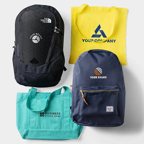 Four promotional bags with customizable branding options on a white background
