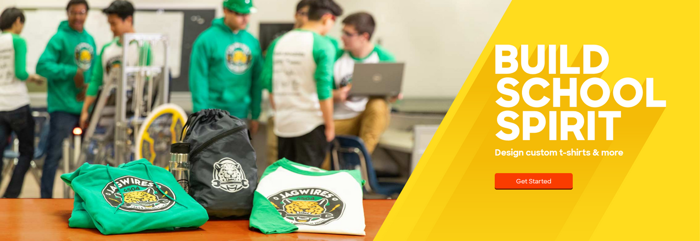 Students wearing custom green t-shirts and school spirit apparel, promoting robotics team gear and branded school uniforms, with a 'Build School Spirit' banner for custom student merchandise
custom school t-shirts
school spirit apparel
branded school uniforms
robotics team gear
custom student merchandise
school pride clothing
educational team wear
custom youth t-shirts