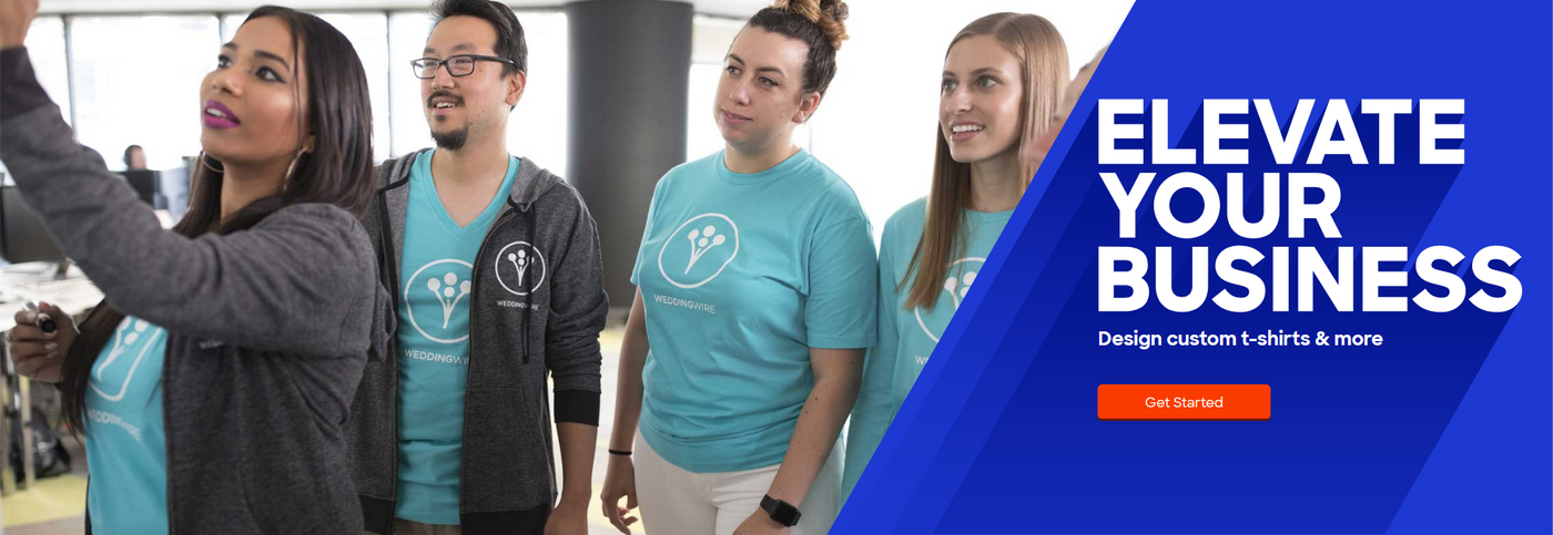 Team wearing branded 'Wedding' t-shirts with 'Elevate Your Business' promotional banner, promoting custom apparel design