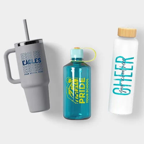 Gray mug with straw, blue water bottle, and white water bottle with wooden cap on a white background featured promotional items that are able to be customized