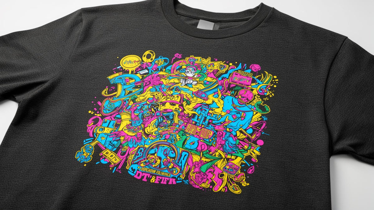 DTF graphic tee black tshirt streetwear urban fashion bold vibrant print purple pink orange splash ink drip artistic design mens apparel top