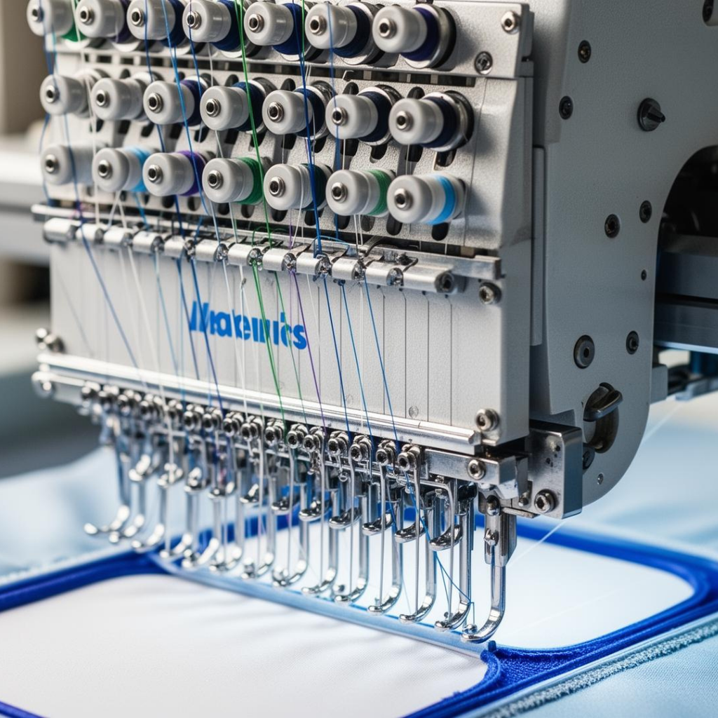 Embroidery machine, screen printing services, embroidery and engraving blue stitches and multiple high quality threads.