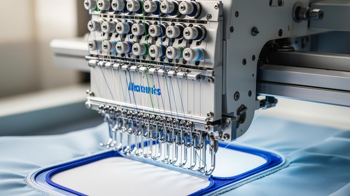 Commercial multi-needle embroidery machine stitching a custom logo onto light blue fabric