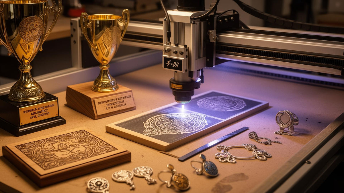 High-precision CNC laser engraving machine etching an intricate floral design onto a wooden plaque, surrounded by custom gold trophies and engraved metal jewelry