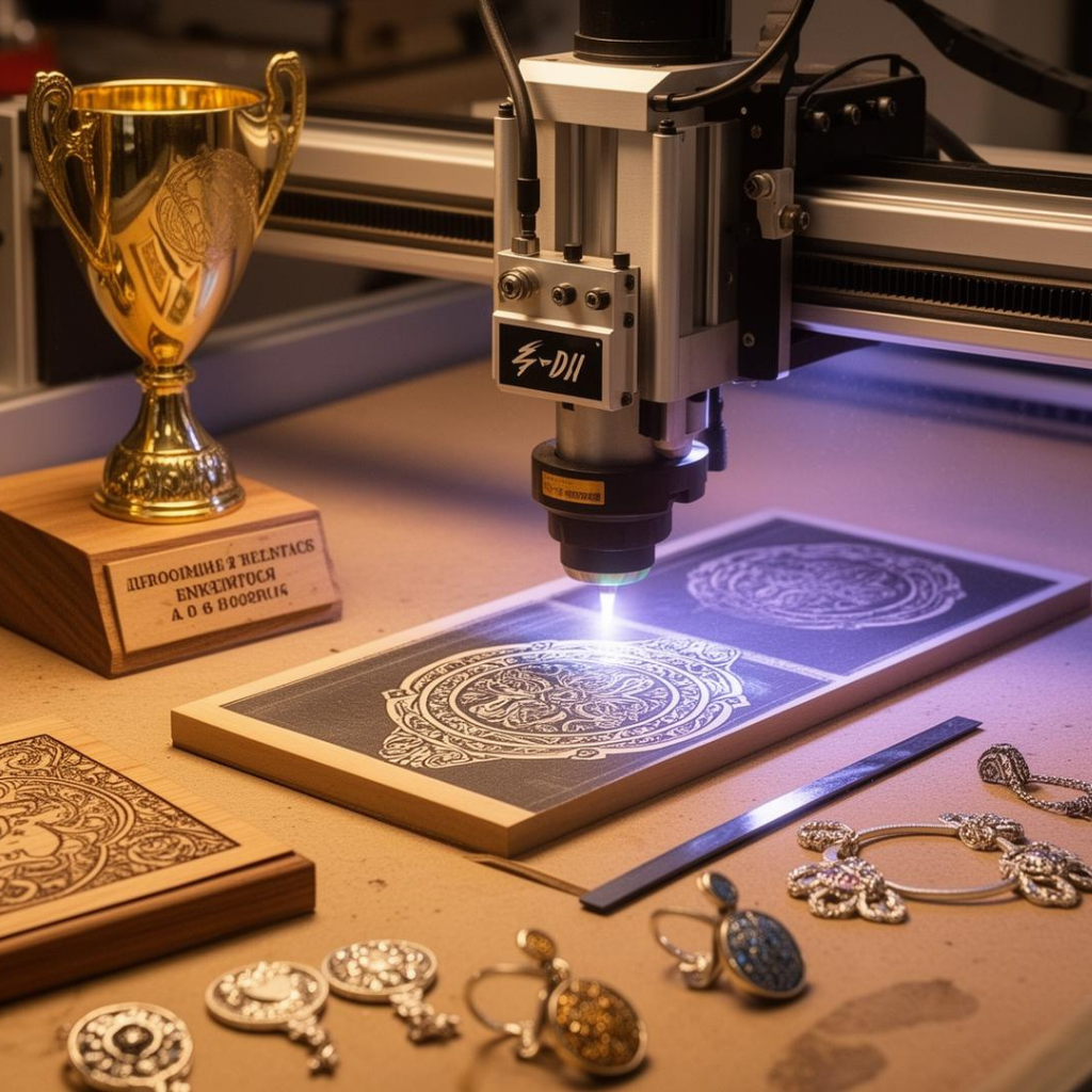 High quality laser engraving machine creating detailed custom plaque design next to a gold trophy, showcasing professional screen printing, embroidery, and engraving services in South Florida, with precision craftsmanship and custom awards production
