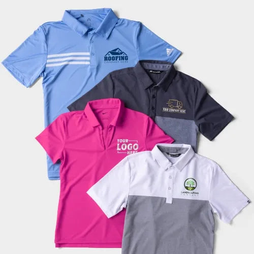 Four polo shirts in blue, pink, gray, and white with various logos on a white background. 

Custom embroidered polo shirts
Personalized polo shirts
Embroidered corporate polos
Custom logo polo shirts
Embroidered work shirts
Personalized business apparel
Custom team polo shirts
Embroidered golf shirts
Branded polo uniforms
Custom embroidered clothing