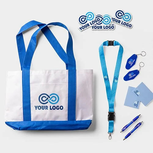 Promotional items including a tote bag, lanyard, keychain, and pens with customizable logos on a white background.