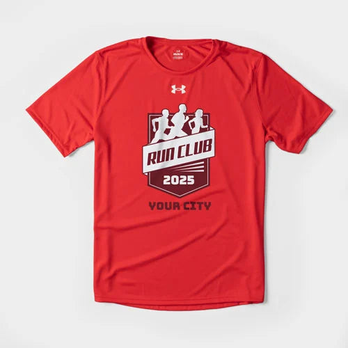 Red t-shirt with 'Run Club 2025 Your City' design on a white background