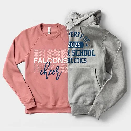 Pink sweatshirt with 'Falcons' and 'cheer' text, gray hoodie with '2025 School Athletics' text on a white background

Custom team apparel
Screen printed hoodies
Personalized school uniforms
Cheerleading merchandise
Athletic wear printing
Falcons School gear
2025 sports apparel
Custom hoodie design
Team spirit clothing
Printed athletic uniforms