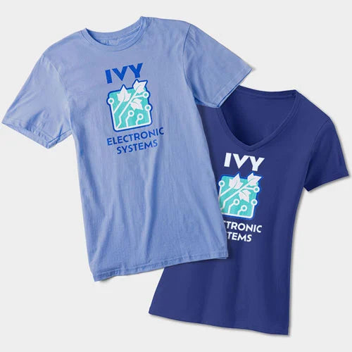 One navy one light blue t-shirt with a company logo on a white background