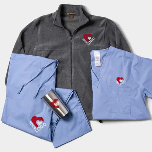 Gray fleece jacket, blue shirt, and scrub silver tumblr top and bottom with a red heart logo on a white background
